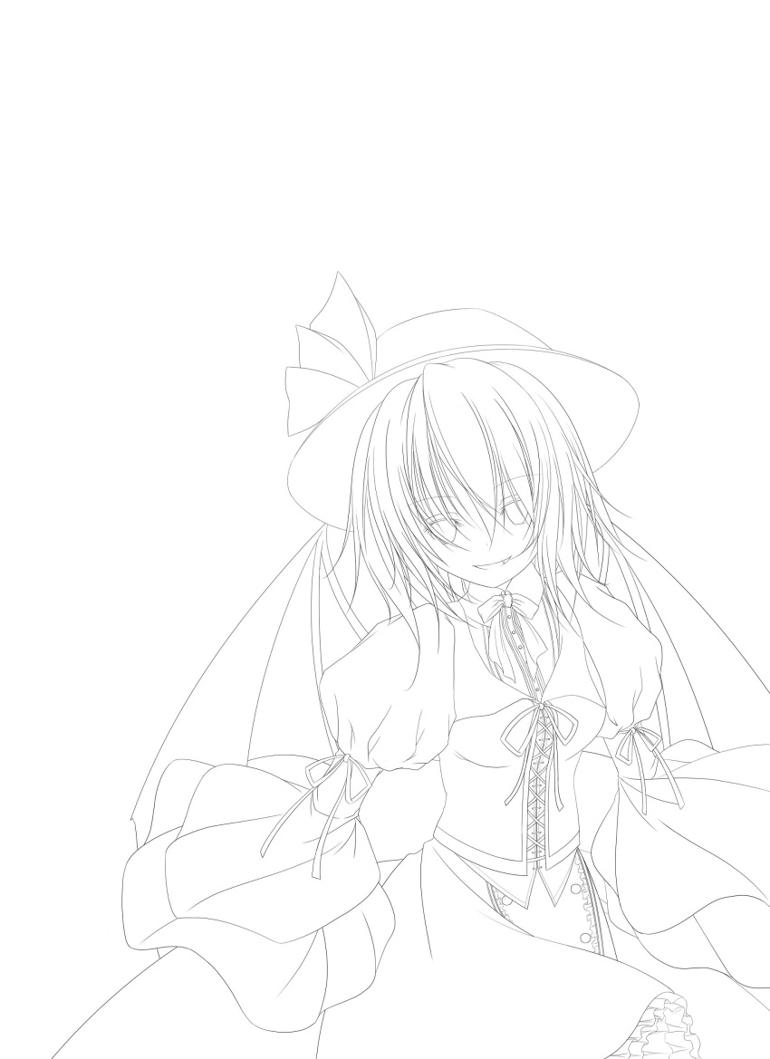 1girl absurdres alternate_costume bat_wings gothic hat highres lineart looking_at_viewer monochrome remilia_scarlet smile solo sutoreruka touhou wide_sleeves wings