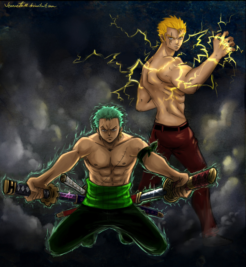 2boys abs aura blonde_hair crossover dual_wielding earrings electricity fairy_tail fighting_stance green_hair highres jeannette11 jewelry katana laxus_dreyar male multiple_boys one_piece roronoa_zoro scar sheath sheathed sheathing shirtless short_hair sword watermark weapon web_address