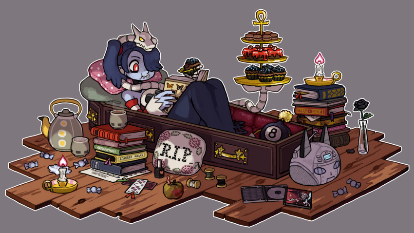 1girl apple bare_shoulders blue_hair blue_skin book candle cd cd_player coffin cup cupcake detached_collar detached_sleeves emlan flower food fruit george_the_bomb hair_over_one_eye leviathan_(skullgirls) long_skirt pillow plush radio red_eyes robo-fortune rose side_ponytail sienna_contiello skirt skull skullgirls stitched_mouth striped striped_sleeves teacup teapot zombie