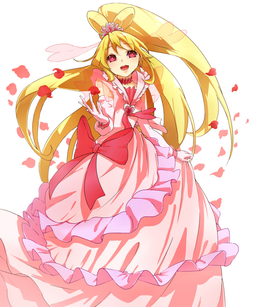 1girl aida_mana blonde_hair bow brooch byurin choker cure_heart curly_hair dokidoki!_precure dress earrings engage_mode_(dokidoki!_precure) frills gloves hair_ornament hairpin half_updo heart_hair_ornament highres jewelry long_hair magical_girl petals pink_dress pink_eyes ponytail precure ribbon smile solo white_background