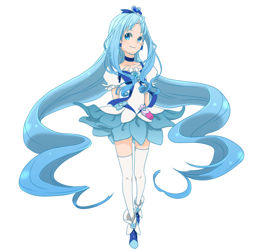 1girl 8041mm blue_dress blue_eyes blue_hair boots choker cure_marine dress earrings hair_ornament hair_ribbon happy heartcatch_precure! highres jewelry kurumi_erika long_hair looking_at_viewer magical_girl precure puffy_sleeves ribbon simple_background smile solo standing thigh-highs very_long_hair white_background white_legwear