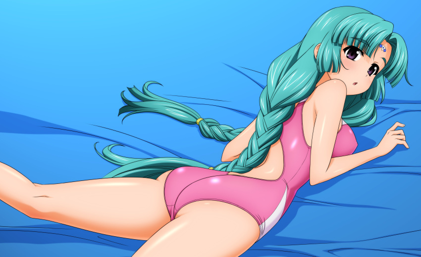 1girl absurdres braid canal_vorfeed competition_swimsuit facial_mark forehead_mark green_hair highres long_hair lost_universe lying on_stomach one-piece_swimsuit sugimura_tomokazu swimsuit twin_braids twintails violet_eyes