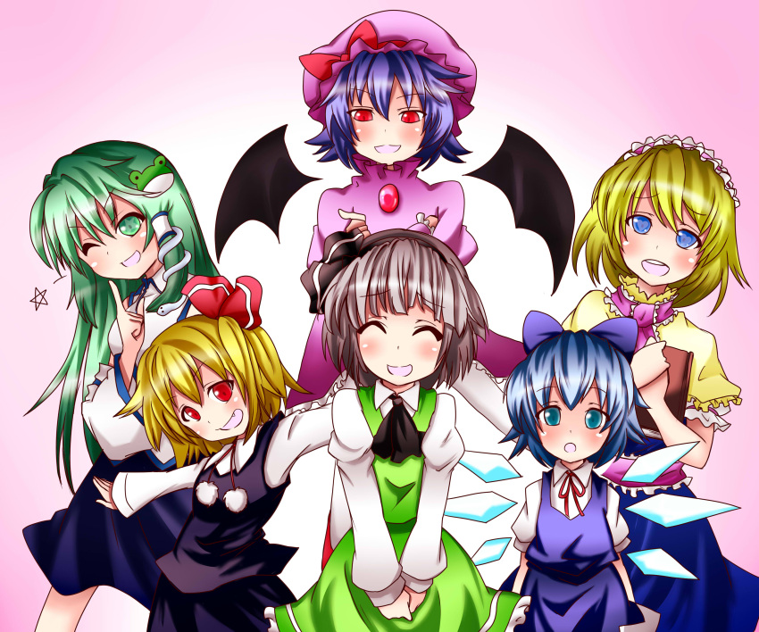 6+girls :o absurdres alice_margatroid ascot bat_wings blonde_hair blue_eyes blue_hair blush book bow brooch capelet cirno closed_eyes crossed_arms detached_sleeves dress fang finger_to_chin frog_hair_ornament green_eyes green_hair hair_bow hair_ornament hair_ribbon hairband head_tilt highres ice ice_wings jewelry juliet_sleeves kochiya_sanae koniiru konpaku_youmu lavender_hair lolita_hairband long_sleeves looking_at_another looking_at_viewer mob_cap multiple_girls open_mouth outstretched_arms pink_background puffy_short_sleeves puffy_sleeves red_eyes remilia_scarlet ribbon rumia short_sleeves silver_hair skirt skirt_set snake_hair_ornament spread_arms star touhou v_arms wings wink wrist_cuffs