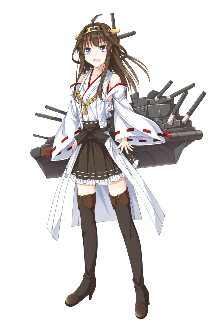 1girl ahoge bare_shoulders blush boots brown_hair detached_sleeves double_bun hair_ornament hairband highres japanese_clothes kantai_collection kongou_(kantai_collection) long_hair nontraditional_miko personification pleated_skirt skirt smile solo take5321 thigh_boots thighhighs zettai_ryouiki
