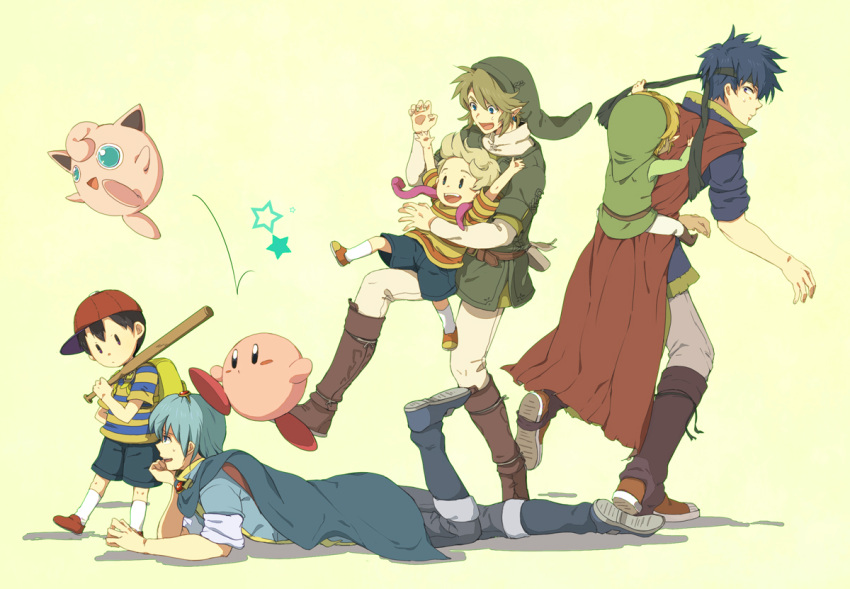 backpack bag baseball_bat black_eyes black_hair blonde_hair blue_eyes blue_hair cape earrings fire_emblem fire_emblem:_mystery_of_the_emblem fire_emblem:_souen_no_kiseki hat headband ike jewelry jigglypuff kirby kirby_(series) link lucas marth mother_(game) mother_2 mother_3 ness nikayu nintendo pointy_ears pokemon super_smash_bros. the_legend_of_zelda toon_link twilight_princess wind_waker