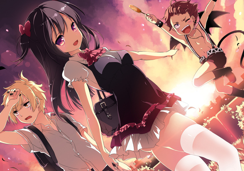 1girl 2boys ascot bat_wings black_hair blonde_hair bow bowtie character_request chiyingzai copyright_request demon_boy dutch_angle hair_bow looking_at_viewer multiple_boys nail_polish no_shirt original pink_eyes school_uniform sunset suspenders tail thighhighs two_side_up white_legwear wings yellow_eyes zettai_ryouiki