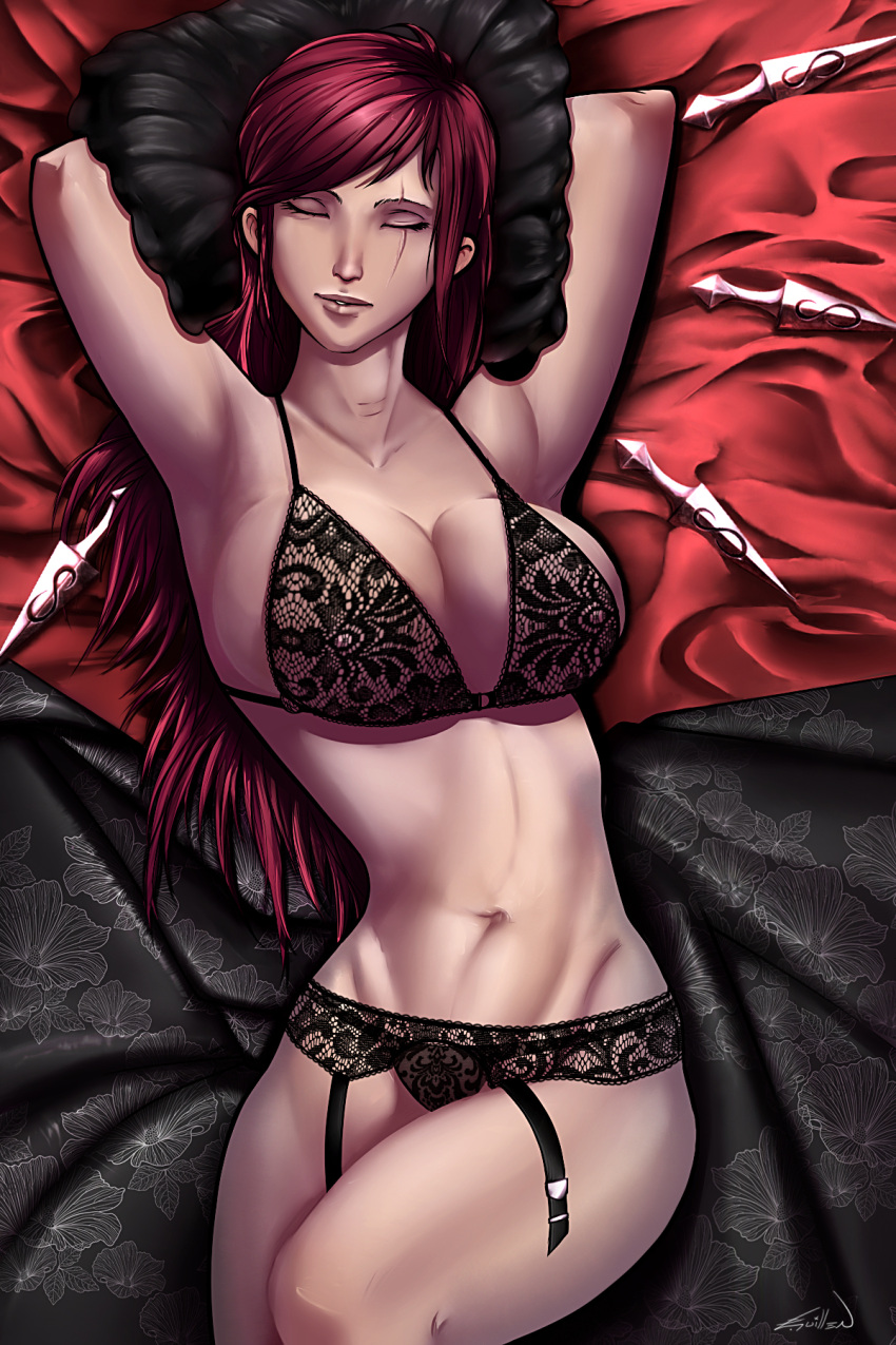 1girl arms_behind_head bed black_bra bra breasts cleavage closed_eyes garter_belt highres justin_j_guillen katarina_du_couteau large_breasts league_of_legends light_smile lingerie lips lying mound_of_venus navel on_back pillow redhead scar shuriken signature smile solo underwear wide_hips