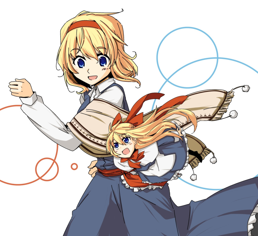 1girl alice_margatroid apron blonde_hair blue_dress blue_eyes bow dress flying_sweatdrops hair_bow hairband highres long_sleeves lysander_z open_mouth scarf shanghai_doll smile touhou waist_apron