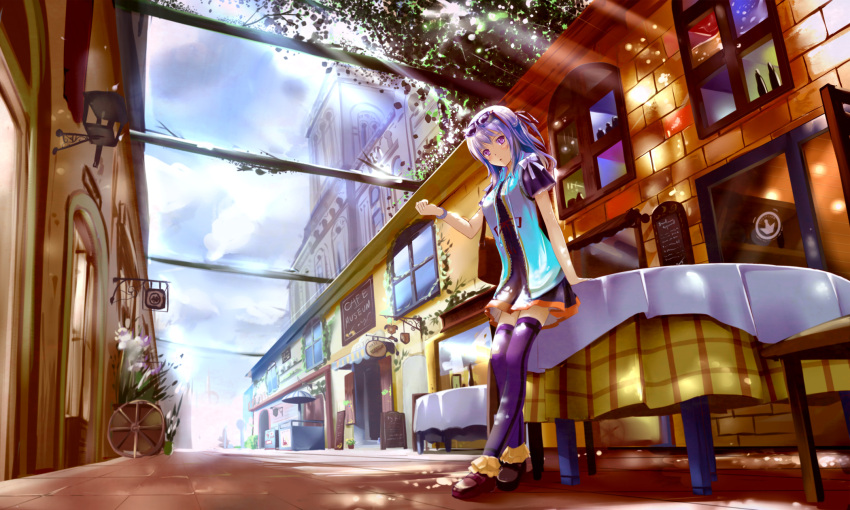 bow clouds dress half_updo highres kyaro_(kyaro54) loafers long_hair original purple_hair road shoes sign sky street sunglasses sunglasses_on_head table tablecloth thigh-highs violet_eyes watch zettai_ryouiki