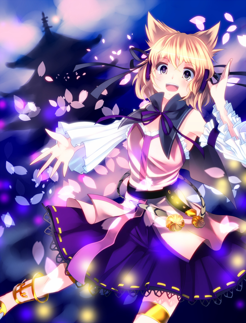 1girl anklet bare_shoulders belt blonde_hair detached_sleeves earmuffs highres jewelry kuroka_rinto open_mouth pagoda petals smile solo touhou toyosatomimi_no_miko yellow_eyes