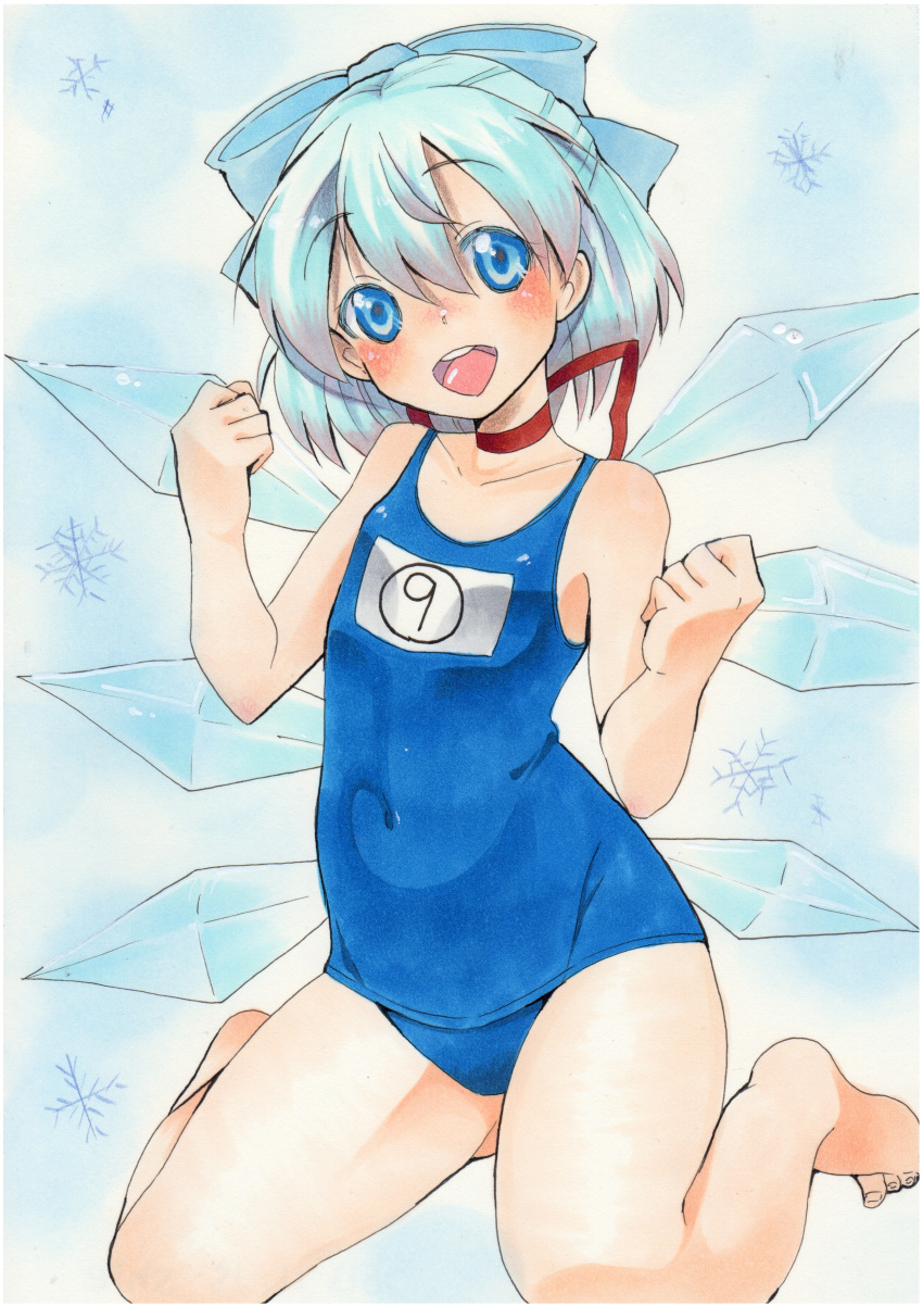 (9) 1girl absurdres arms_up blue_background blue_eyes blue_hair bow cirno clenched_hands colored_eyelashes faux_traditional_media hair_bow head_tilt highres ice ice_wings kneeling looking_at_viewer neck_ribbon open_mouth ribbon school_swimsuit shie_(m417) short_hair simple_background snowflakes solo swimsuit touhou wings