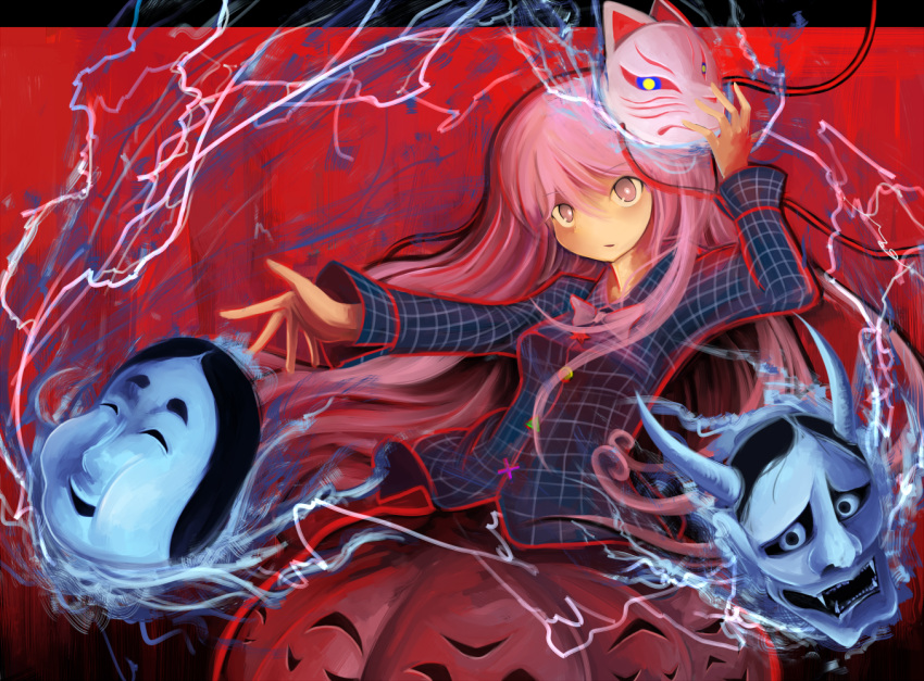 1girl arm_up expressionless fox_mask hata_no_kokoro lightning long_hair long_sleeves looking_at_viewer mask momen102_(sji09u) multicolored_background noh_mask oni_mask open_hand outstretched_arm parted_lips pink_eyes pink_hair plaid plaid_shirt skirt solo star touhou triangle very_long_hair x