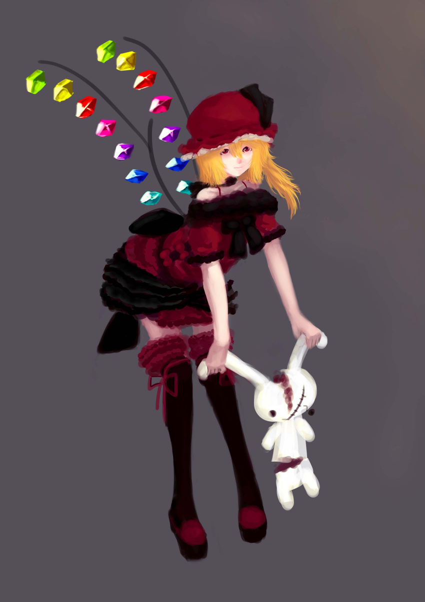 1girl absurdres blonde_hair boots bow dress flandre_scarlet frills gothic_lolita hat highres lolita_fashion pose red_eyes solo stuffed_animal stuffed_bunny stuffed_toy thigh_boots thighhighs touhou wings yuuuuuuuuuuuuka
