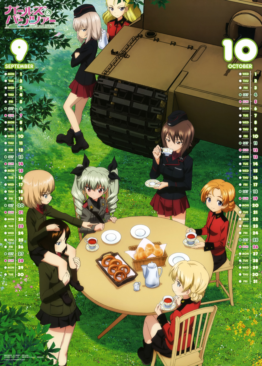 absurdres anchovy assam boots calendar carrying cup darjeeling drinking food girls_und_panzer grass highres itou_takeshi itsumi_erika katyusha military military_uniform military_vehicle nishizumi_maho nonna official_art orange_pekoe pointing_finger shoulder_carry smile table tank tea tea_party teacup tiger_(tank) uniform vehicle