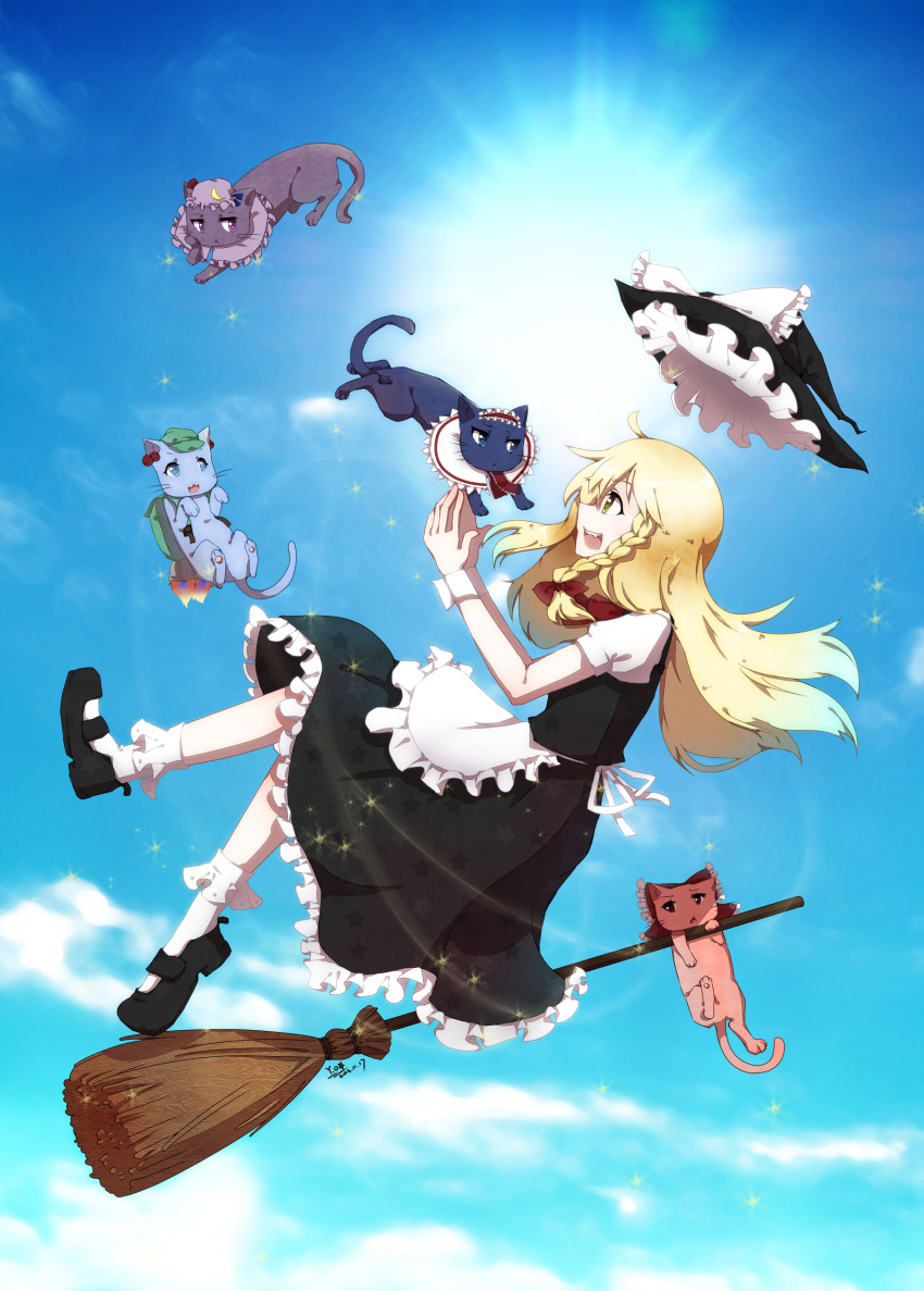 1girl absurdres alice_margatroid animal_ears animalization apron artist_request backpack bag black_dress blonde_hair blue_eyes blue_sky bow braid broom broom_riding capelet cat cat_ears cat_tail clouds crescent crescent_hair_ornament dress flying hair_bobbles hair_bow hair_ornament hairband hakurei_reimu hat hat_ribbon highres kawashiro_nitori kirisame_marisa long_hair open_mouth outdoors patchouli_knowledge profile puffy_sleeves red_eyes ribbon shirt shoes short_sleeves single_braid skirt skirt_set sky socks solo sun tail too_many_cats touhou vest violet_eyes waist_apron white_legwear witch_hat yellow_eyes
