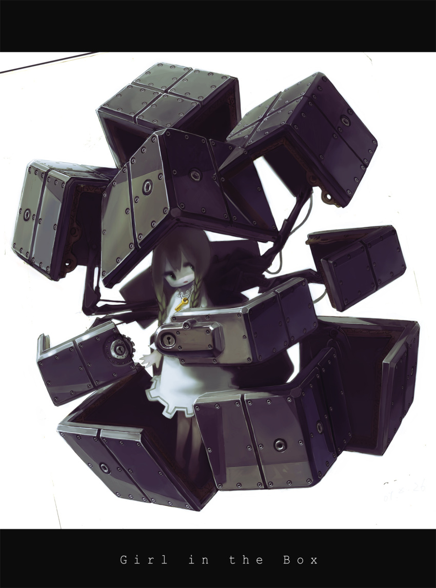 dress green_eyes highres hiruki in_box in_container key letterboxed original solo white_dress