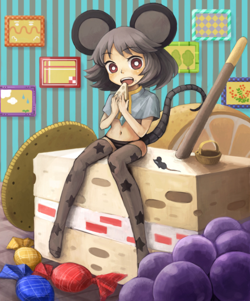 bad_id basket black_panties bottomless cake candy capelet eating food fruit grapes grey_hair highres in_food minigirl mitsuki32k mouse mouse_ears mouse_tail navel nazrin no_pants panties pastry print_legwear red_eyes shawl short solo star_print tail thigh-highs thighhighs touhou underwear
