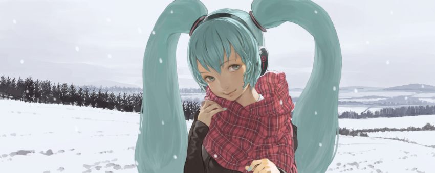 aqua_eyes aqua_hair hands hatsune_miku headphones long_hair realistic scarf scenery smile snow solo toro twintails vocaloid