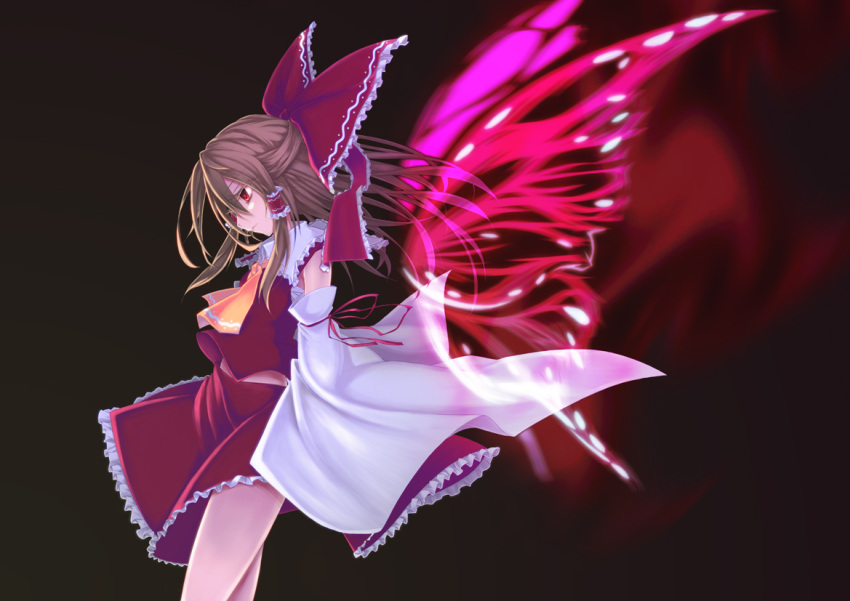 bad_id bow brown_hair butterfly_wings colored_eyelashes detached_sleeves expressionless eyelashes hakurei_reimu haruto28 large_bow popi_(pixiv) profile red_eyes short_hair solo touhou wings