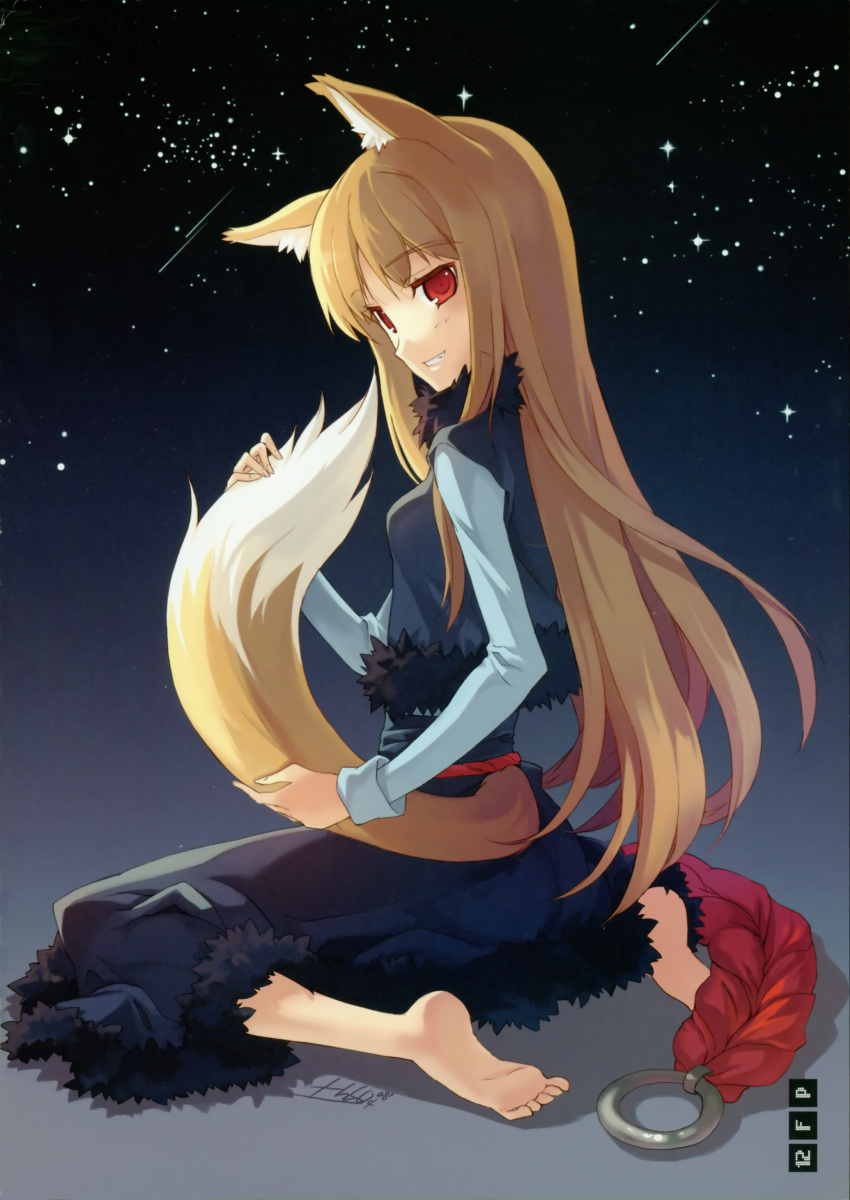 animal_ears barefoot brown_hair fang feet grin h2so4 highres holo long_hair looking_back night night_sky red_eyes scan shooting_star sitting skirt sky smile solo spice_and_wolf spread_legs tail tail_fondling wariza wolf_ears