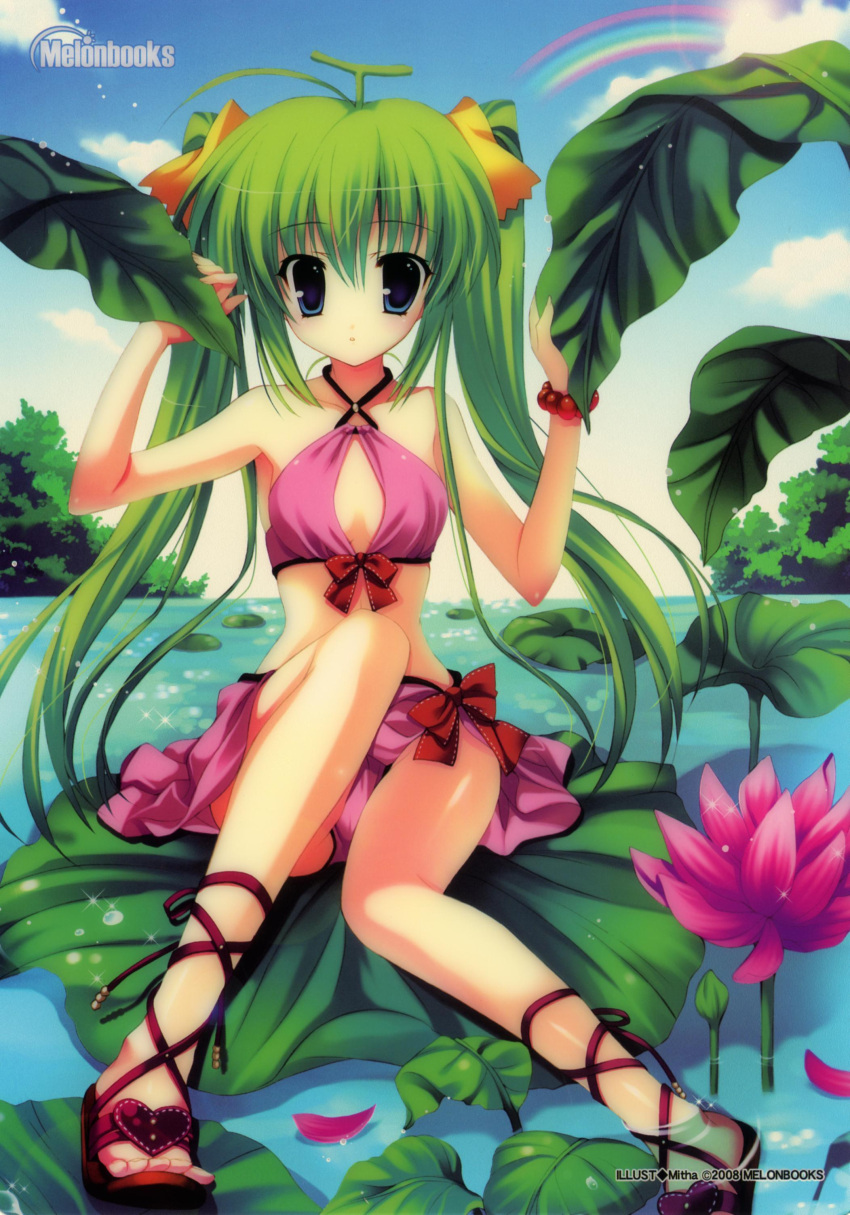 ahoge ankle_lace-up bangs bare_legs bare_shoulders bikini blue_eyes blush bow bracelet cleavage_cutout cross-laced_footwear day flat_chest flower front-tie_top green_hair halterneck heart highres jewelry leaf leaves lens_flare lily lily_pad long_hair melon-chan melonbooks mitha nature navel personification petals plant rainbow river sandals sarong scan sitting skirt sky sleeveless summer sun swimsuit tree twintails very_long_hair water