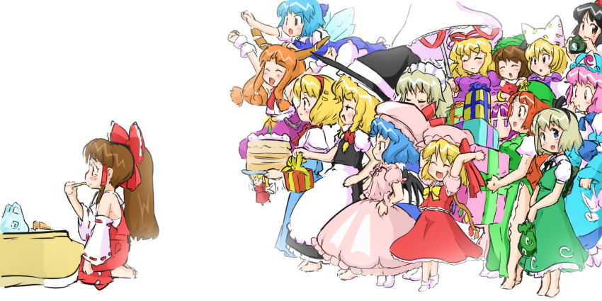 6+girls akebi-san alice_margatroid bad_id birthday cake camera chen cirno everyone flandre_scarlet food gift hakurei_reimu hat hong_meiling ibuki_suika izayoi_sakuya kirisame_marisa konpaku_youmu multiple_girls pastry patchouli_knowledge remilia_scarlet ribbon saigyouji_yuyuko shameimaru_aya touhou yakumo_ran yakumo_yukari