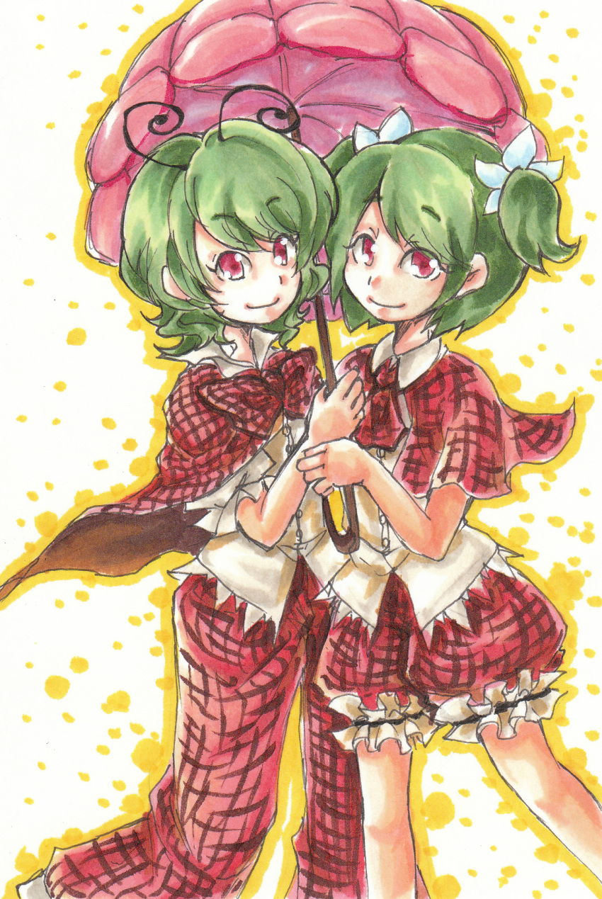 antennae artist_request cape green_hair highres ichima if_they_mated kazami_yuuka multiple_girls parasol plaid_pants plaid_vest red_eyes shorts smile touhou traditional_media twintails umbrella watercolor_(medium) wriggle_nightbug