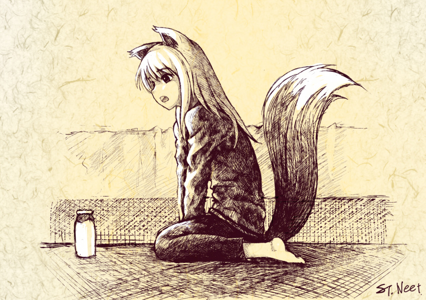 barefoot between_thighs fang holo kneeling monochrome open_mouth seiza sitting spice_and_wolf st.neet st_hawza tail wolf_ears wolf_tail yellow