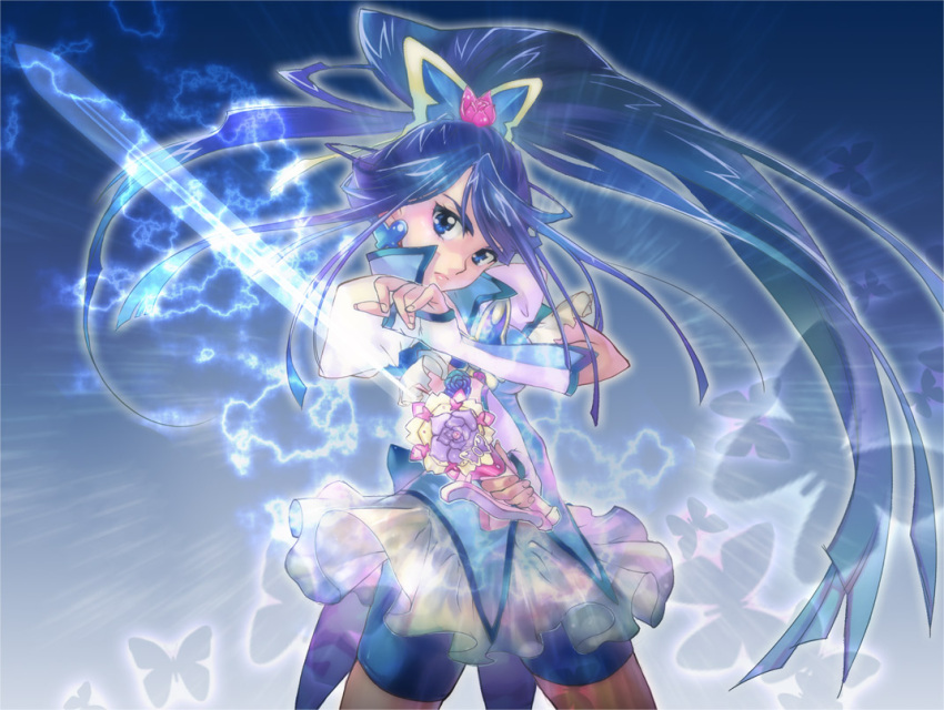 blue blue_background blue_hair butterfly butterfly_hair_ornament cure_aqua cure_fleuret hair_ornament long_hair magical_girl minazuki_karen ponytail precure pretty_cure shorts_under_skirt solo sword u_to_i water weapon yes!_precure_5 yes!_pretty_cure_5