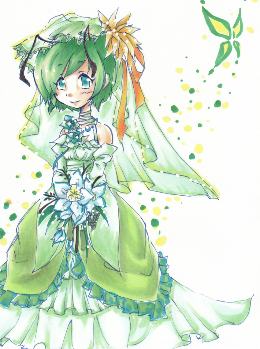 artist_request bouquet bride dress flower green_hair highres ichima short_hair touhou traditional_media watercolor_(medium) wedding_dress wriggle_nightbug