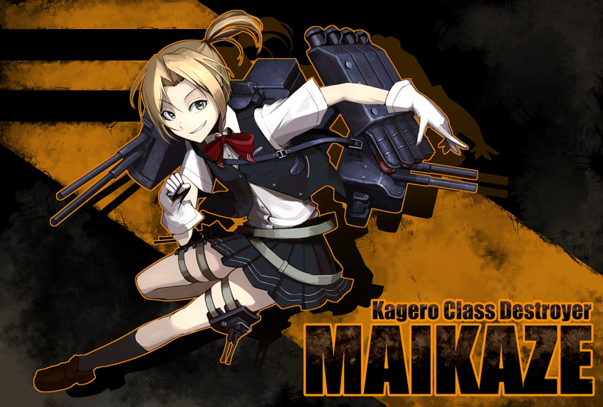 1girl blonde_hair gloves green_eyes hetza_(hellshock) kantai_collection looking_at_viewer maikaze_(kantai_collection) personification school_uniform side_ponytail skirt smile solo vest white_gloves