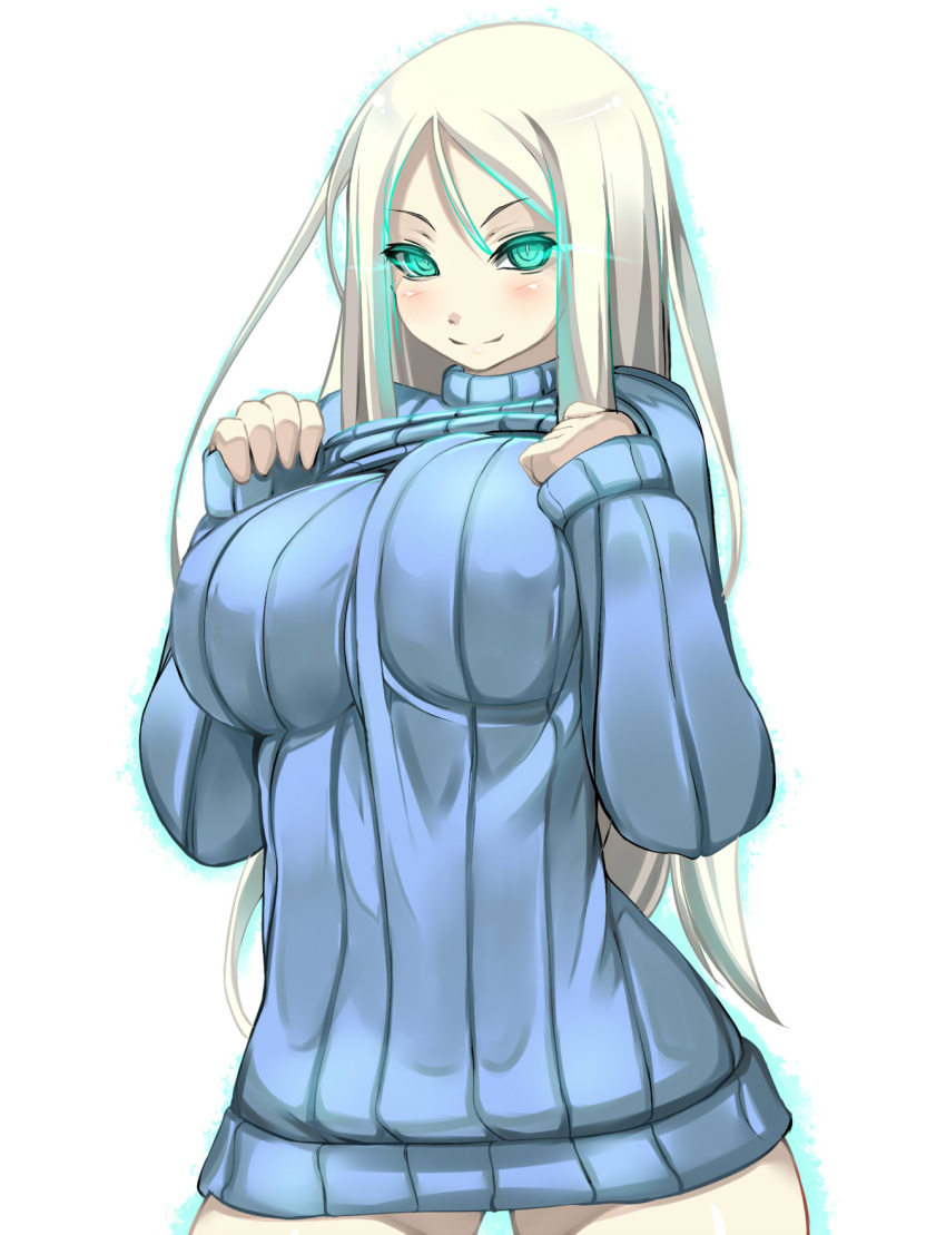 1girl aqua_eyes blush breasts glowing glowing_eyes highres kantai_collection large_breasts long_hair looking_at_viewer naked_sweater personification ribbed_sweater shiki_(psychedelic_g2) shinkaisei-kan silver_hair simple_background smile solo sweater ta-class_battleship turtleneck turtleneck_sweater white_background