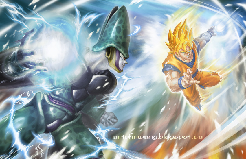 2boys absurdres armor attack battle blonde_hair cell_(dragon_ball) clenched_teeth dougi dragon_ball dragon_ball_z energy energy_ball green_eyes highres male mikael_wang motion_blur multiple_boys muscle pale_skin perfect_cell red_eyes sleeveless smile son_gokuu speed_lines super_saiyan watermark web_address wristband