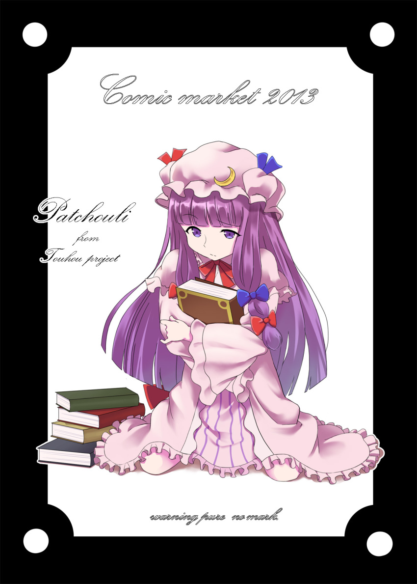 book bow crescent dress frilled_dress frills hair_bow hat highres holding holding_book kneeling long_hair mojihan patchouli_knowledge pink_dress purple_hair touhou violet_eyes wide_sleeves