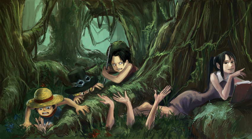 1girl 3boys black_hair blonde_hair book brown_eyes extra_arms flower freckles goggles_on_hat hat hiding jungle lead_pipe levianee lying monkey_d_luffy multiple_boys nature nico_robin one_piece ponytail portgas_d_ace reading sabo_(one_piece) scar short_hair straw_hat top_hat younger