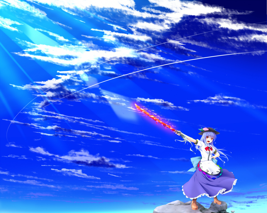 1girl arm_up blue_hair blue_sky boots chachaneko clouds cross-laced_footwear food fruit hand_on_hip hat highres hinanawi_tenshi layered_skirt leaf lens_flare light_trail long_hair long_skirt looking_at_viewer open_mouth peach red_eyes ribbon rock short_sleeves skirt sky solo standing sword_of_hisou touhou weapon wind