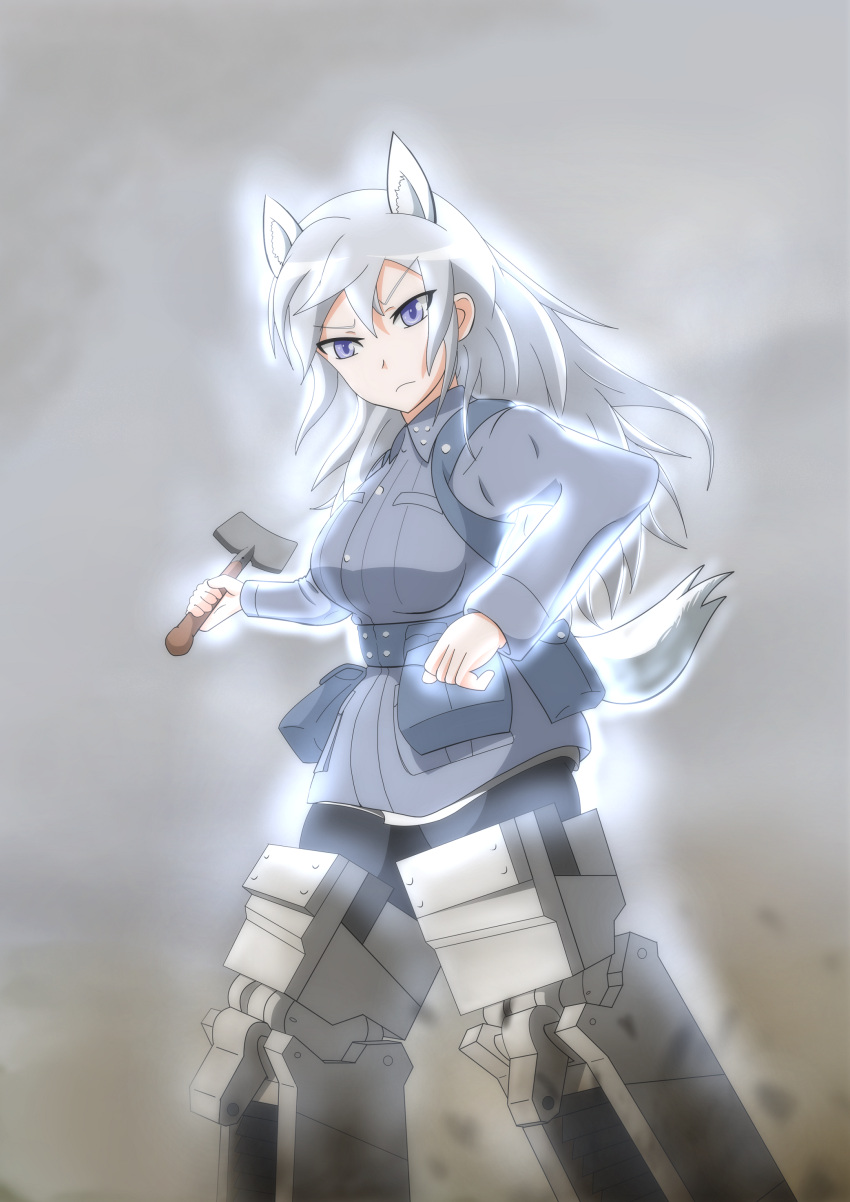 absurdres aurora_e_juutilainen black_legwear ears entrenching_tool focke‐wulf glowing highres holding long_hair looking_at_viewer pantyhose pouch shovel silver_hair strike_witches striker_unit tail uniform violet_eyes worktool