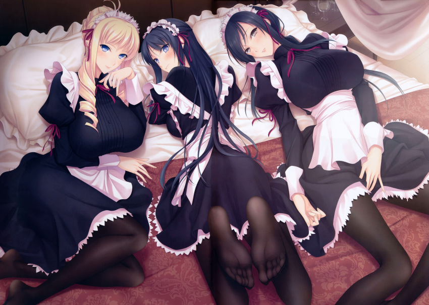 3girls absurdres antenna_hair artist_request bed bertille_althusser black_eyes black_hair black_legwear blonde_hair blue_eyes blush breasts covering covering_crotch cup drill_hair feet hair_bun highres hiiragi_ayako incredibly_absurdres large_breasts light_smile long_hair looking_at_viewer looking_back lying maid maid_apron maid_headdress multiple_girls no_shoes on_back on_bed on_stomach pantyhose parted_lips pillow ryuuzouji_akane walkure_romanze wine_glass