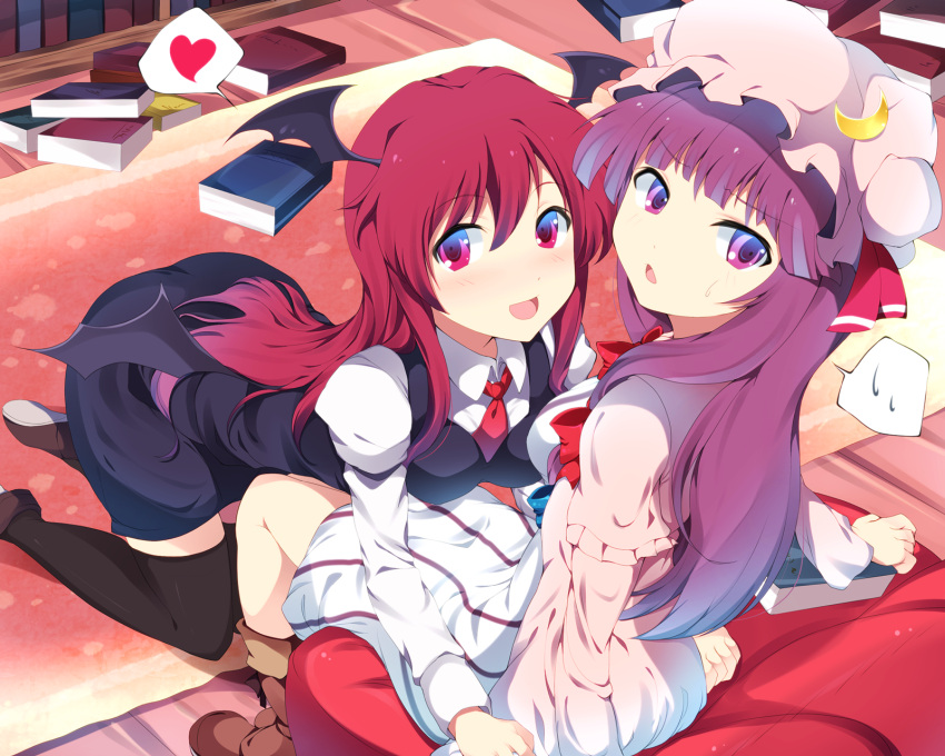 2girls bat_wings black_legwear blush book boots bow crescent dress dress_shirt hat head_wings heart highres juliet_sleeves kneeling koakuma long_hair long_sleeves looking_at_viewer looking_back mizukamiryouuma multiple_girls necktie patchouli_knowledge puffy_sleeves purple_hair red_eyes redhead ribbon shirt sitting skirt smile spoken_heart spoken_sweatdrop sweatdrop thighhighs touhou turning vest violet_eyes wings zettai_ryouiki