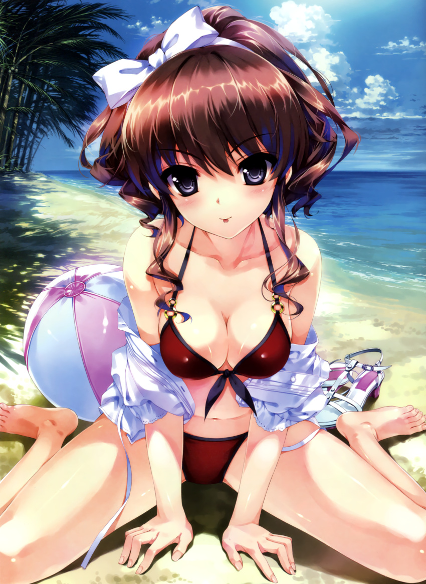 1girl :p absurdres arm_support ball bare_legs barefoot beach beachball bikini blue_eyes blush bow breasts brown_hair cleavage clouds collarbone curly_hair fingernails front-tie_top hair_bow hanamiya_nagisa highres kuroya_shinobu leaning_forward long_hair looking_at_viewer navel o-ring_top ocean off_shoulder ponytail red_bikini sandals_removed sitting solo swimsuit tongue ushinawareta_mirai_wo_motomete wariza