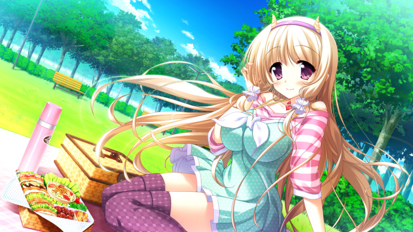 1girl blonde_hair food game_cg long_hair magical_marriage_lunatics!! solo thighhighs twintails violet_eyes yamakaze_ran