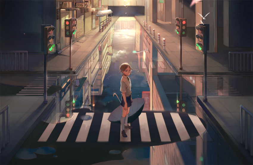1boy after_rain blonde_hair blue_eyes cat_tail cross-section naked_cat original puddle reflection short_hair shorts solo tail traffic_light umbrella