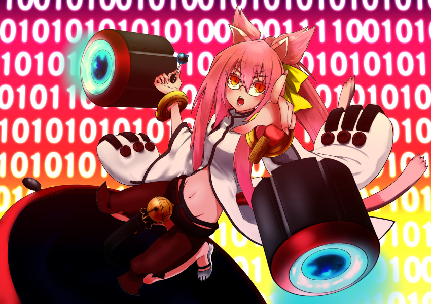 1girl absurdres animal_ears bell binary black_panties blazblue blazblue:_chrono_phantasma candy capri_pants cat_ears cat_tail glasses hair_ribbon highres itsuki_(makoitu) kokonoe lollipop long_hair lowleg lowleg_pants magnet multiple_tails navel open_fly open_mouth panties pants payot pince-nez pink_hair pointing pointing_forward ponytail ribbon slit_pupils small_breasts solo tail two_side_up underwear unzipped wide_sleeves