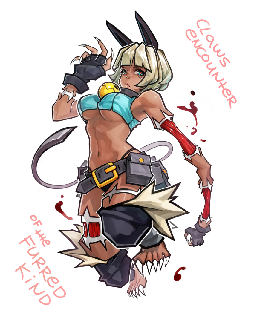 1girl animal_ears bell belt blonde_hair blue_eyes breasts claws collar dark_skin elegy gloves highres looking_at_viewer nadia_fortune short_hair skullgirls solo tail underboob