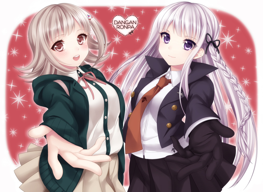 2girls blush braid breasts dangan_ronpa gloves hair_ornament hair_ribbon hairclip highres hoodie jacket kirigiri_kyouko long_hair multiple_girls nanami_chiaki nanamiya necktie open_mouth outstretched_hand pink_eyes pink_hair pleated_skirt purple_hair ribbon skirt smile super_dangan_ronpa_2 violet_eyes