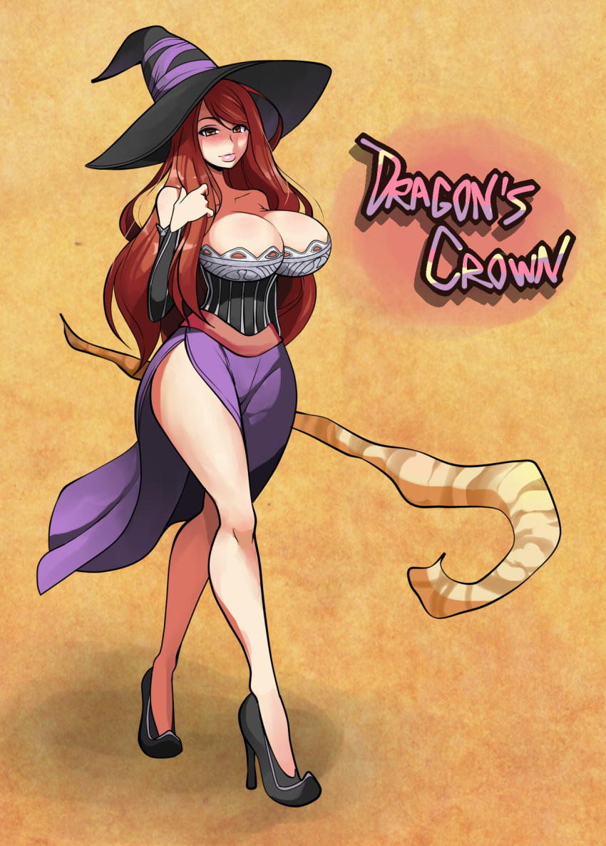 1girl bare_legs bare_shoulders breasts cleavage copyright_name detached_sleeves dragon's_crown full_body hat high_heels highres huge_breasts jam-orbital lips long_hair long_skirt redhead side_slit skirt slender_waist solo sorceress_(dragon's_crown) staff walking witch_hat yellow_eyes