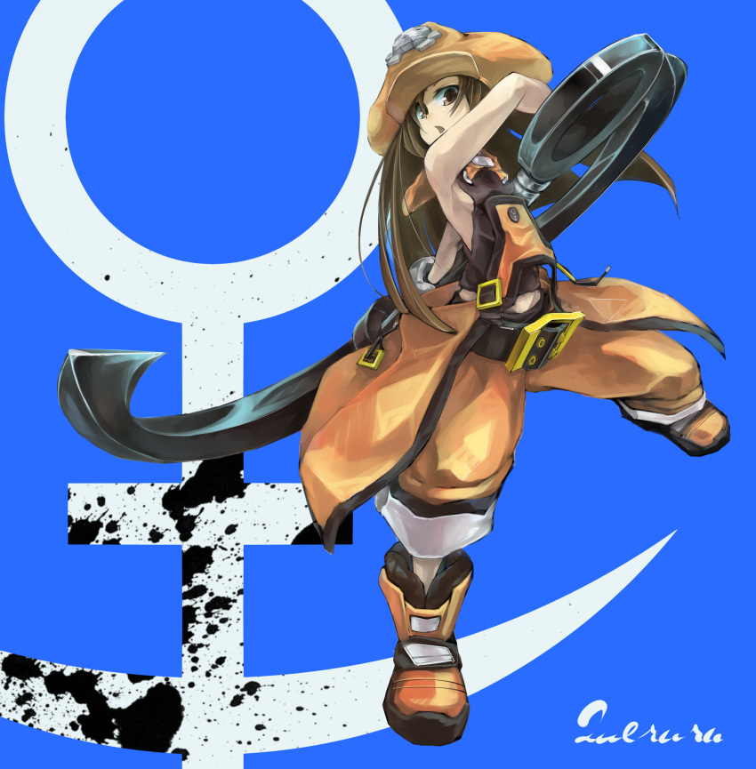 1girl anchor anchor_symbol artist_name belt belt_buckle boots brown_eyes brown_hair flat_chest guilty_gear hat highres long_hair may_(guilty_gear) pants_rolled_up pirate_hat queruru skull_and_crossbones solo weapon