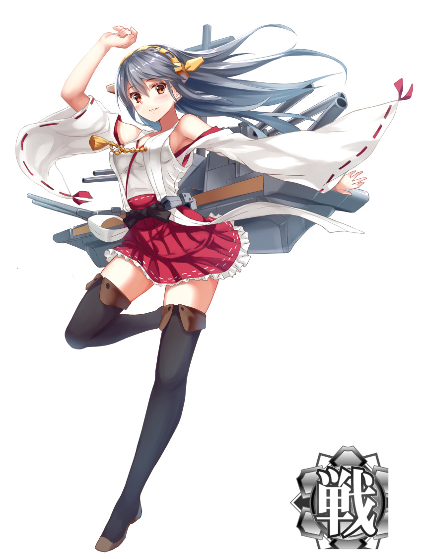 1girl absurdres arm_up bare_shoulders black_hair black_legwear blush boots brown_eyes detached_sleeves hairband haruna_(kantai_collection) highres japanese_clothes kantai_collection long_hair looking_at_viewer mecha_musume nontraditional_miko parted_lips personification simple_background skirt smile solo thigh_boots thighhighs zi_se