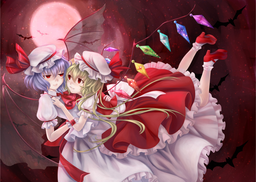 2girls ankle_socks ascot bat bat_wings blonde_hair blue_hair eye_contact fingernails flandre_scarlet flying full_moon hair_in_mouth hand_on_another's_back hand_on_another's_chest hat hat_ribbon highres hug legs_back light_particles light_smile lips looking_at_another lying_on_person mary_janes megumi_(piyo7piyo9) mob_cap moon multiple_girls nail_polish red_background red_eyes red_moon remilia_scarlet ribbon sharp_fingernails shoes short_hair siblings side_ponytail sideways sisters skirt skirt_set touhou transparent_wings wings wrist_cuffs