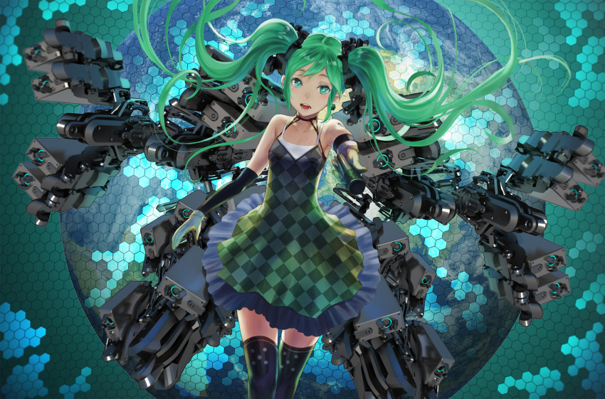 1girl checkered dress elbow_gloves floating_hair gloves green_eyes green_hair hatsune_miku highres long_hair microphone open_mouth salmon88 solo thighhighs twintails vocaloid